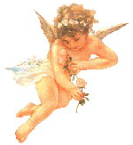 A pixel-y gif of a child-like cherub. It's positioned atop one of the door's flowers, like it's laying on it.