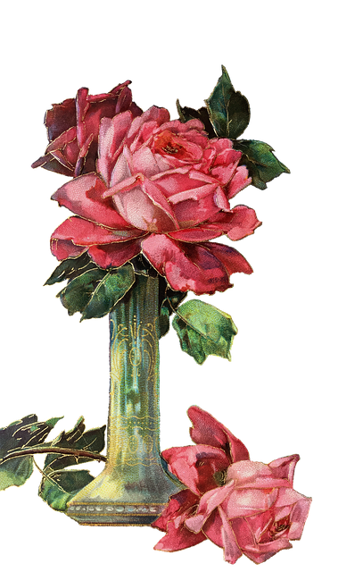 Painterly clip art of a stone pillar with pink roses growing atop it.