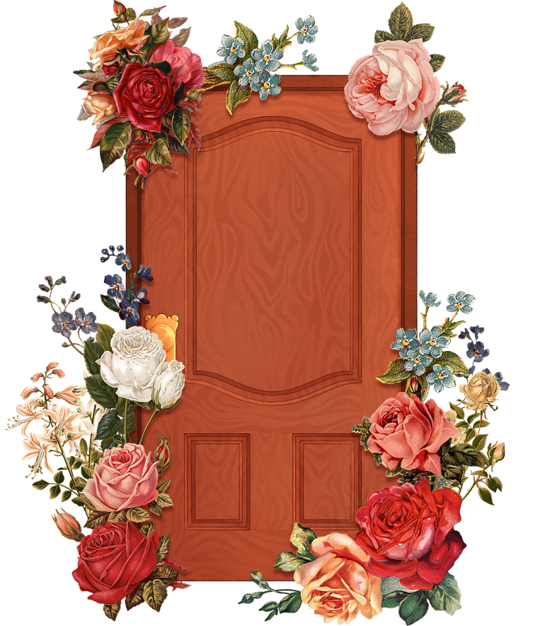 A wooden door framed with clip-art of flowers.