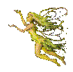 A gif of a pixel-y fairy with glitter coming out of her hands but flipped to the right.