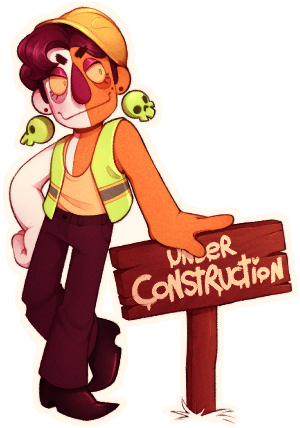 a muppet-like character in a construction vest and hard-hat leaning on a wooden sign reading 'under construction'.